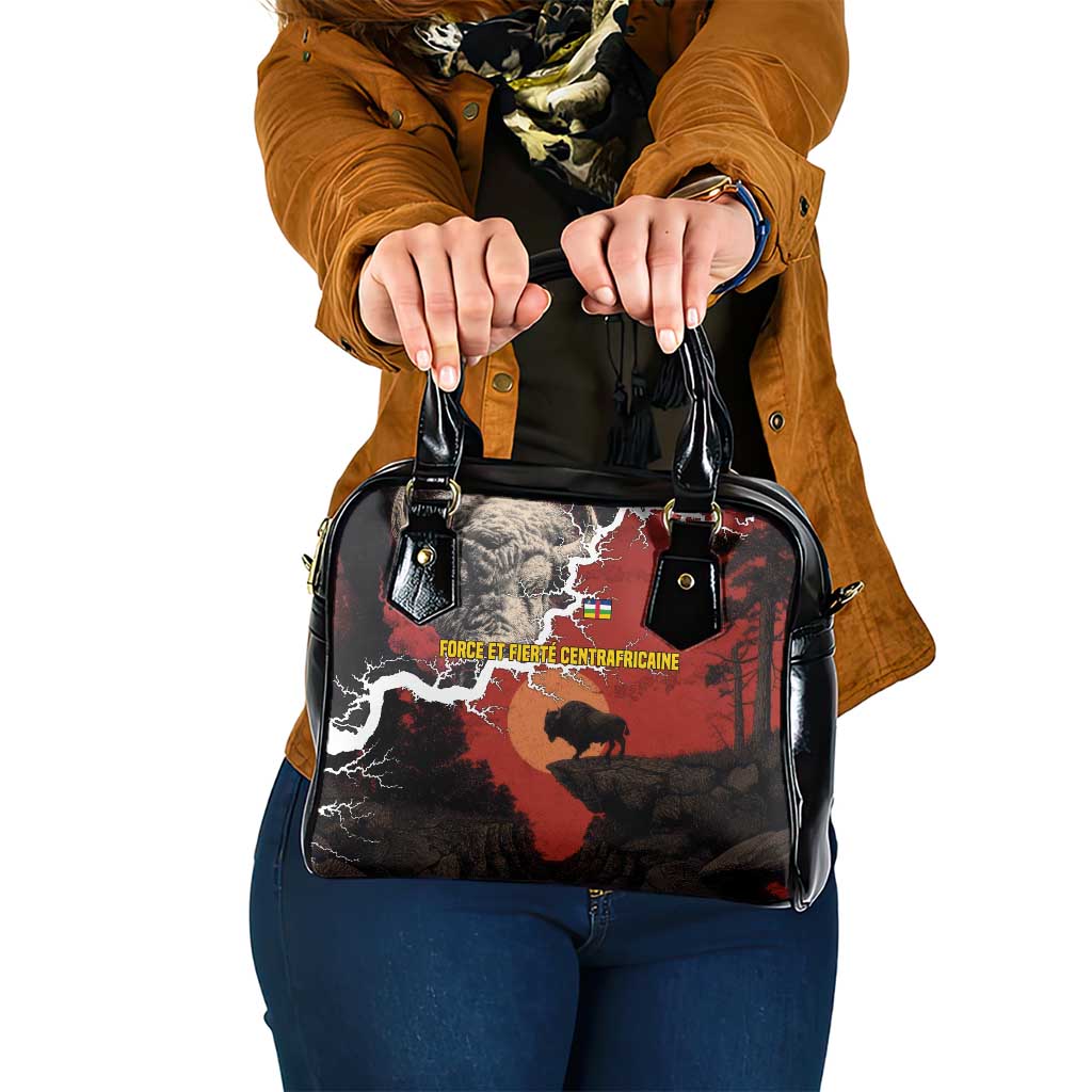 Central African Republic Shoulder Handbag with Red Black Nature Design and Buffalo Pattern - Wonder Print Shop