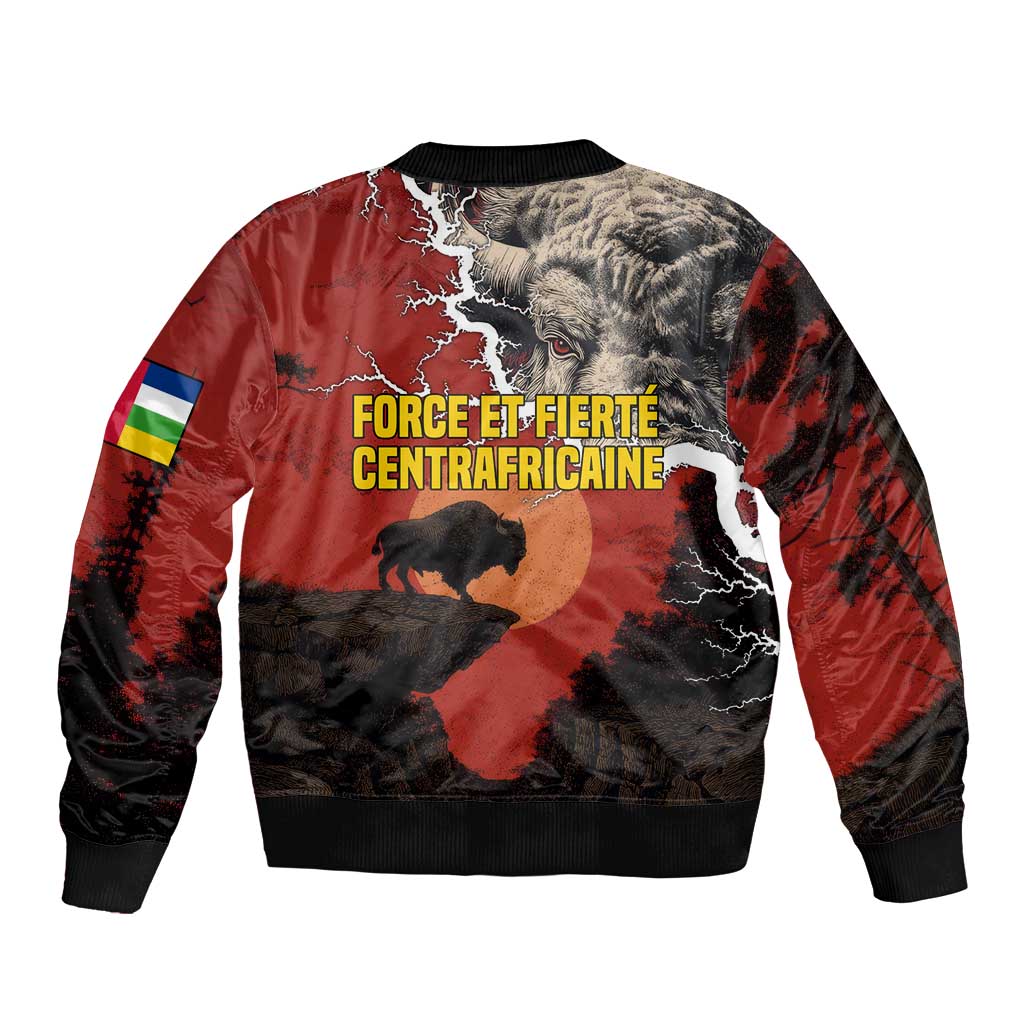 Central African Republic Sleeve Zip Bomber Jacket with Red Black Nature Design and Buffalo Pattern - Wonder Print Shop