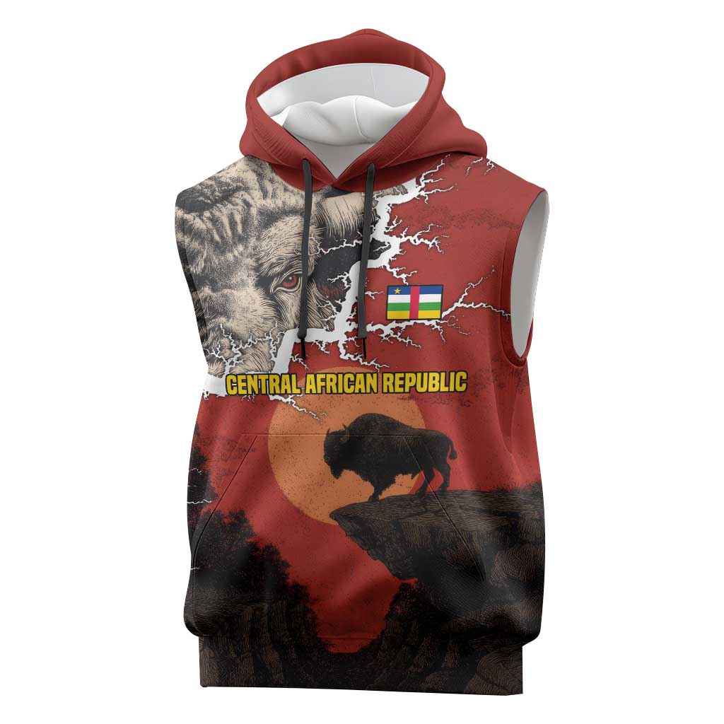 Central African Republic Sleeveless Hoodie with Red Black Nature Design and Buffalo Pattern - Wonder Print Shop