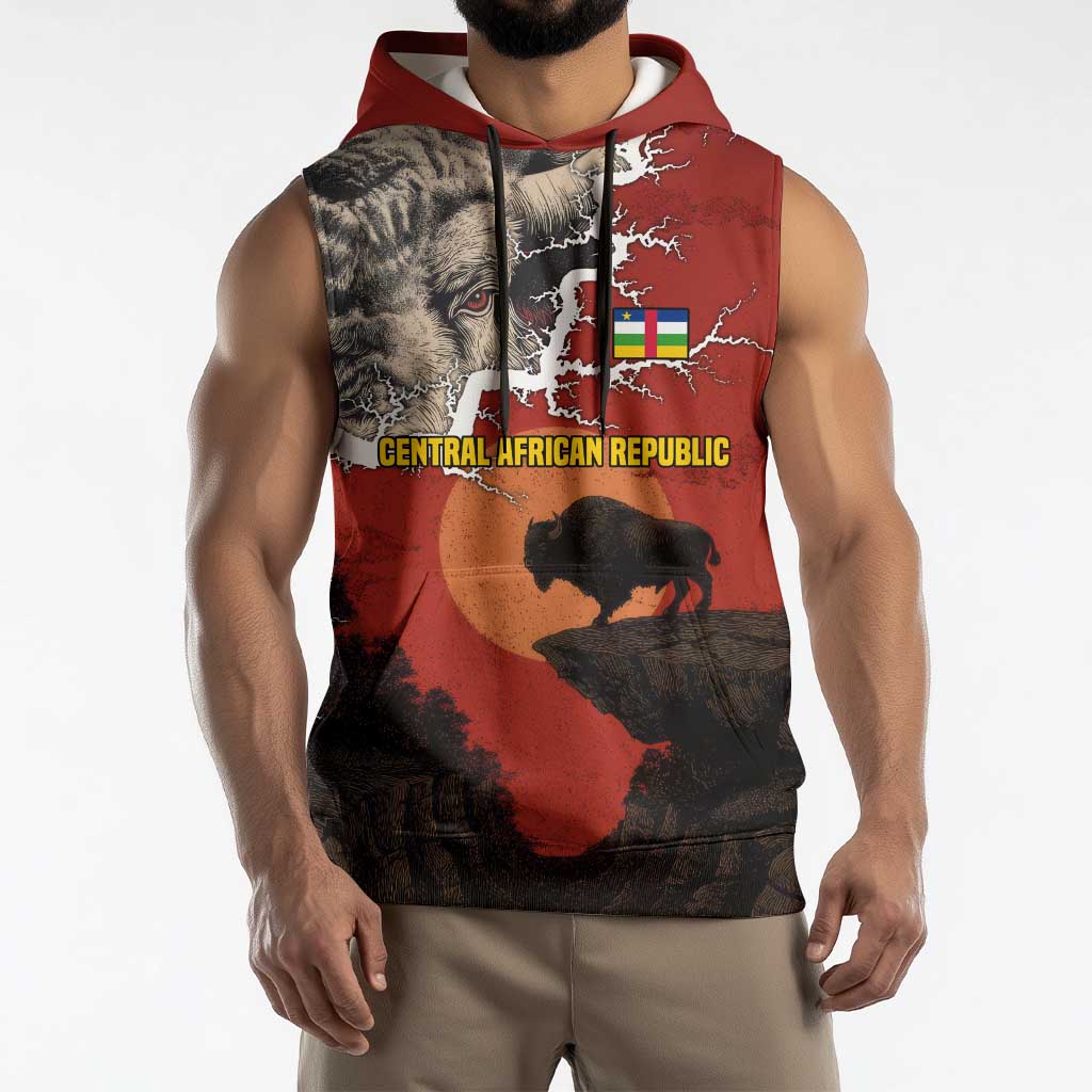 Central African Republic Sleeveless Hoodie with Red Black Nature Design and Buffalo Pattern - Wonder Print Shop