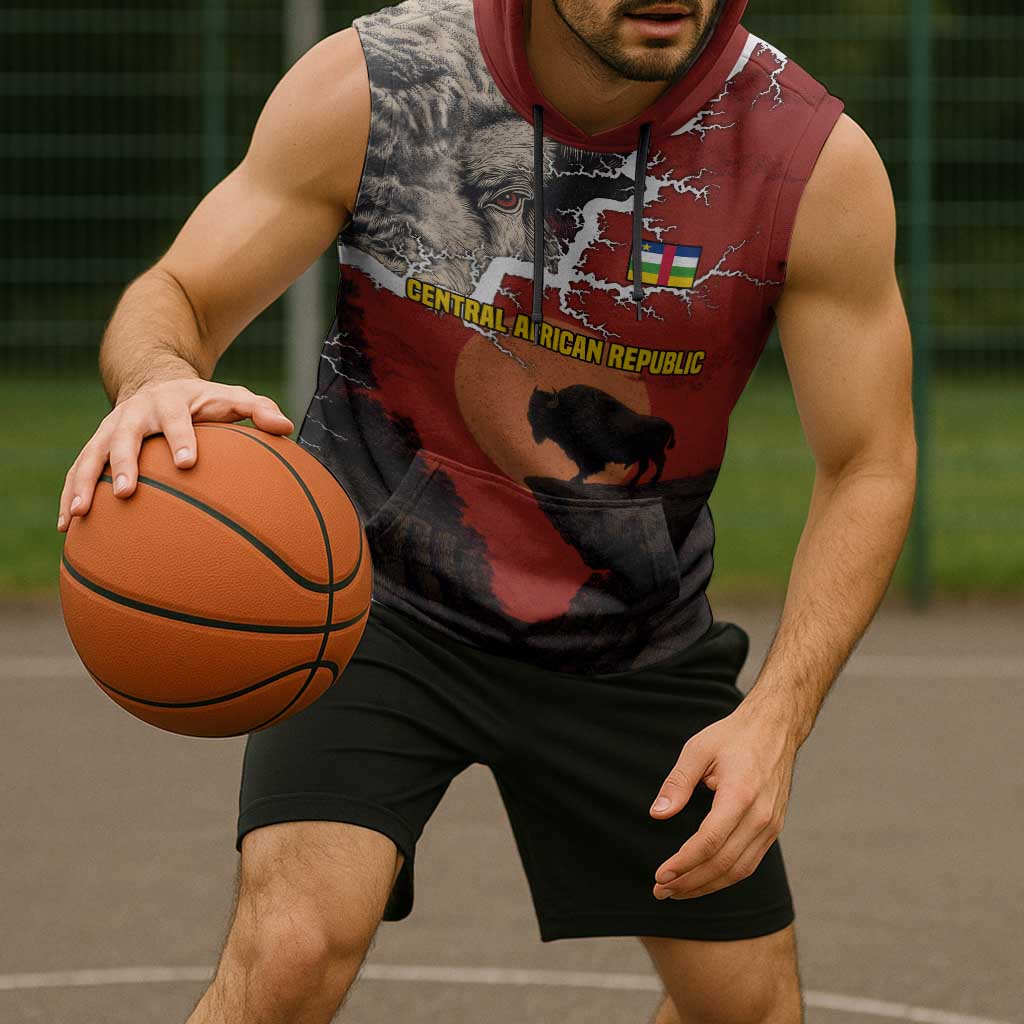 Central African Republic Sleeveless Hoodie with Red Black Nature Design and Buffalo Pattern - Wonder Print Shop