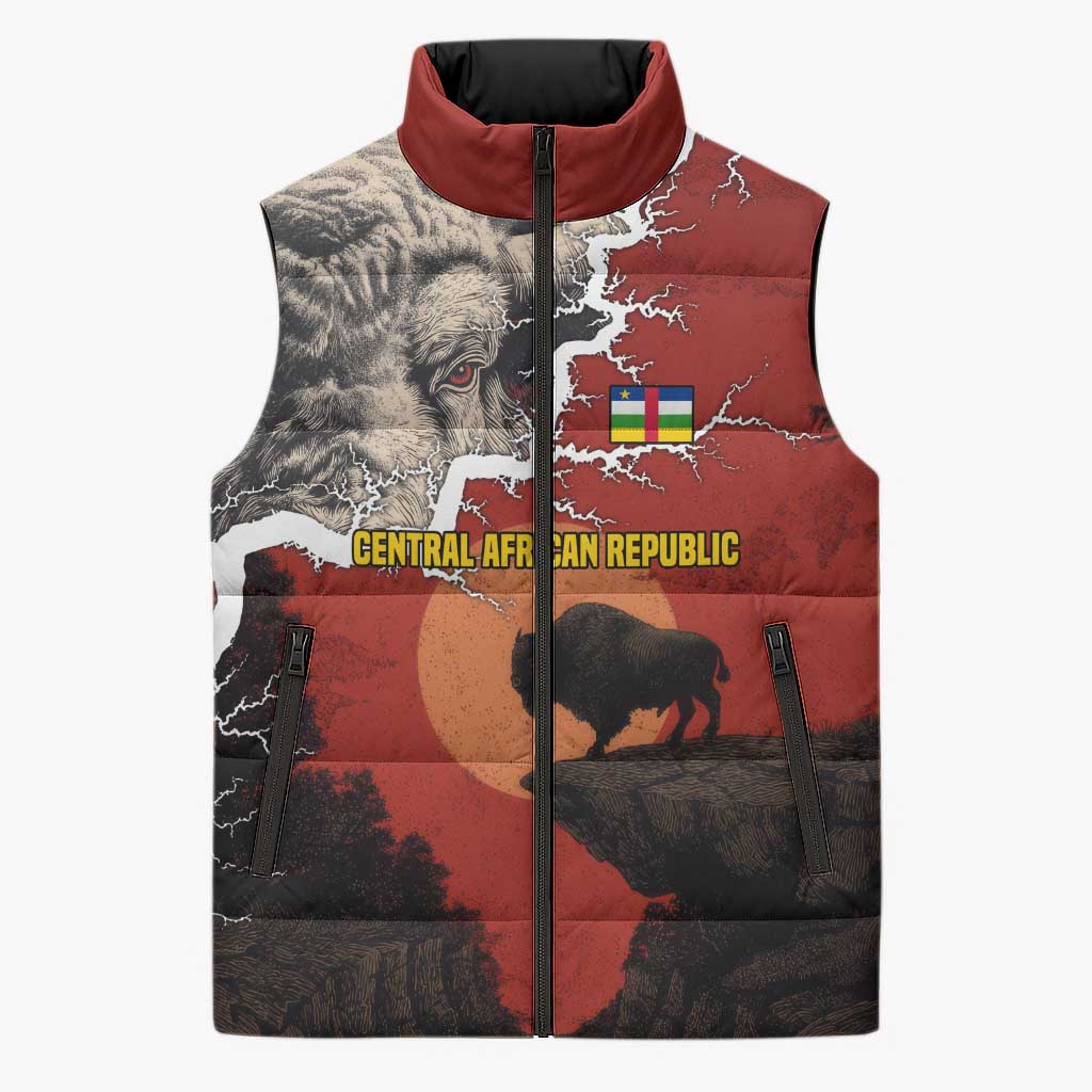 Central African Republic Sleeveless Puffer Jacket with Red Black Nature Design and Buffalo Pattern - Wonder Print Shop
