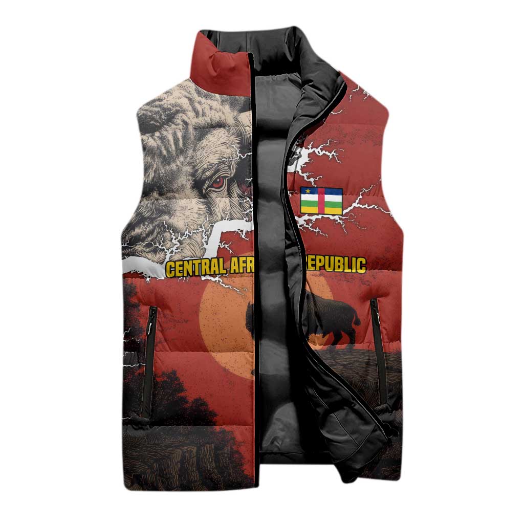 Central African Republic Sleeveless Puffer Jacket with Red Black Nature Design and Buffalo Pattern - Wonder Print Shop