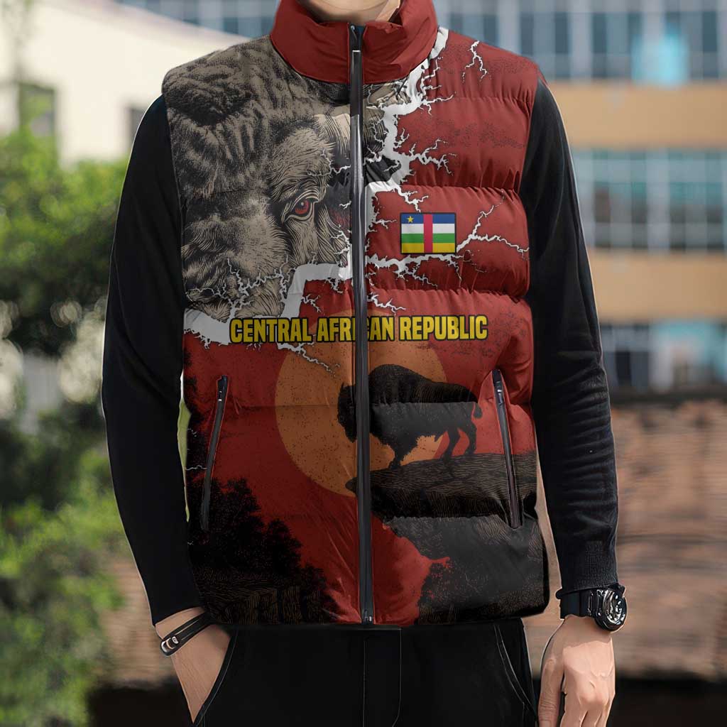 Central African Republic Sleeveless Puffer Jacket with Red Black Nature Design and Buffalo Pattern - Wonder Print Shop