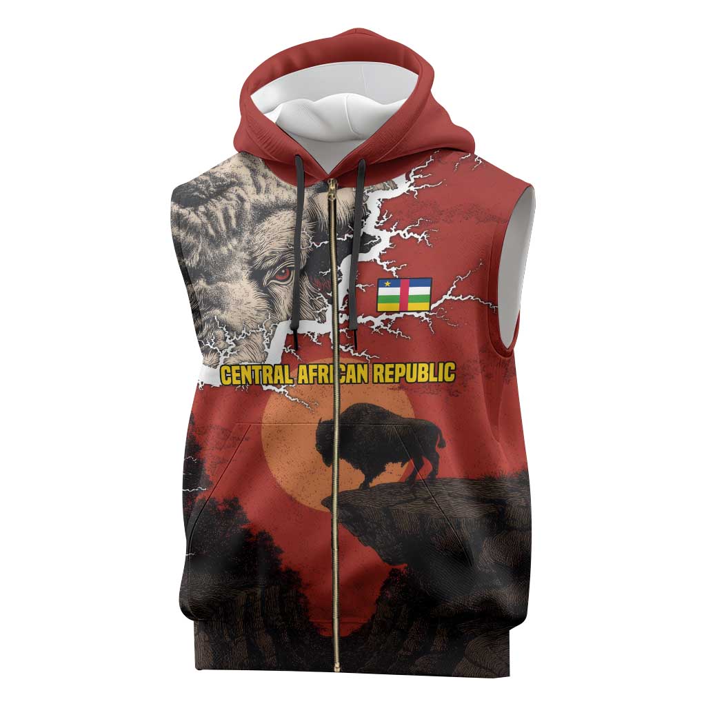 Central African Republic Sleeveless Zip Hoodie with Red Black Nature Design and Buffalo Pattern - Wonder Print Shop