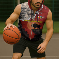 Central African Republic Sleeveless Zip Hoodie with Red Black Nature Design and Buffalo Pattern - Wonder Print Shop