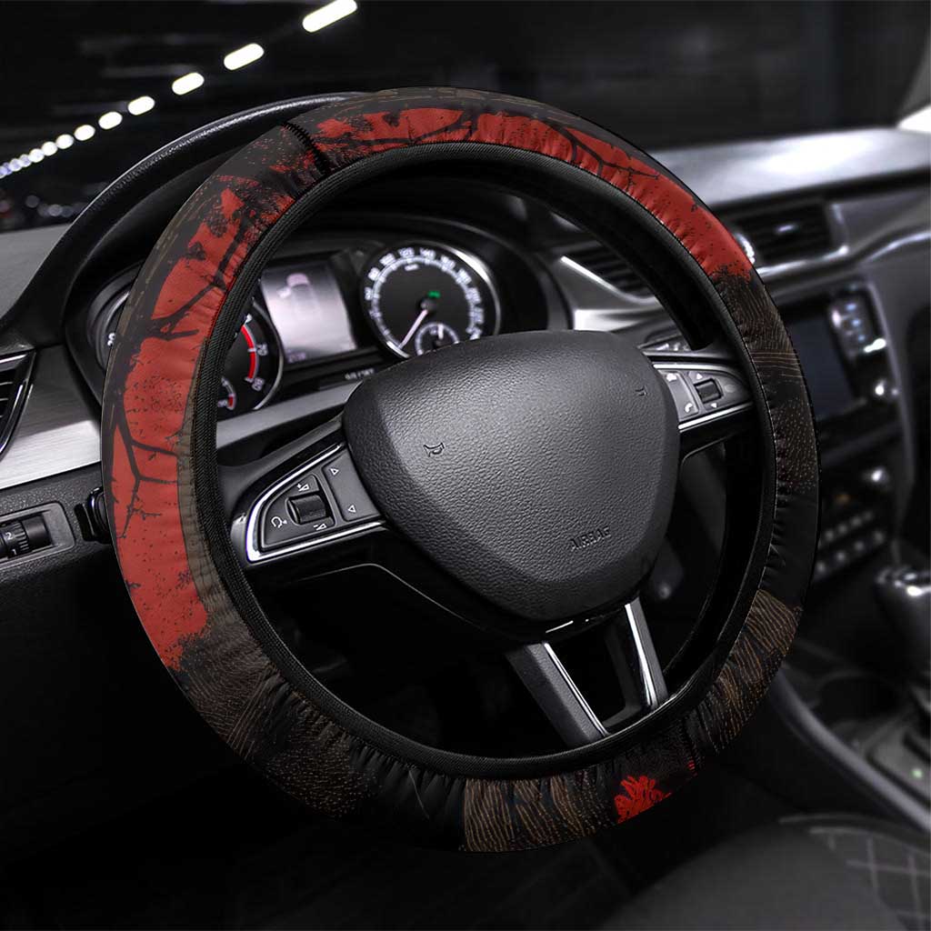 Central African Republic Steering Wheel Cover with Red Black Nature Design and Buffalo Pattern - Wonder Print Shop