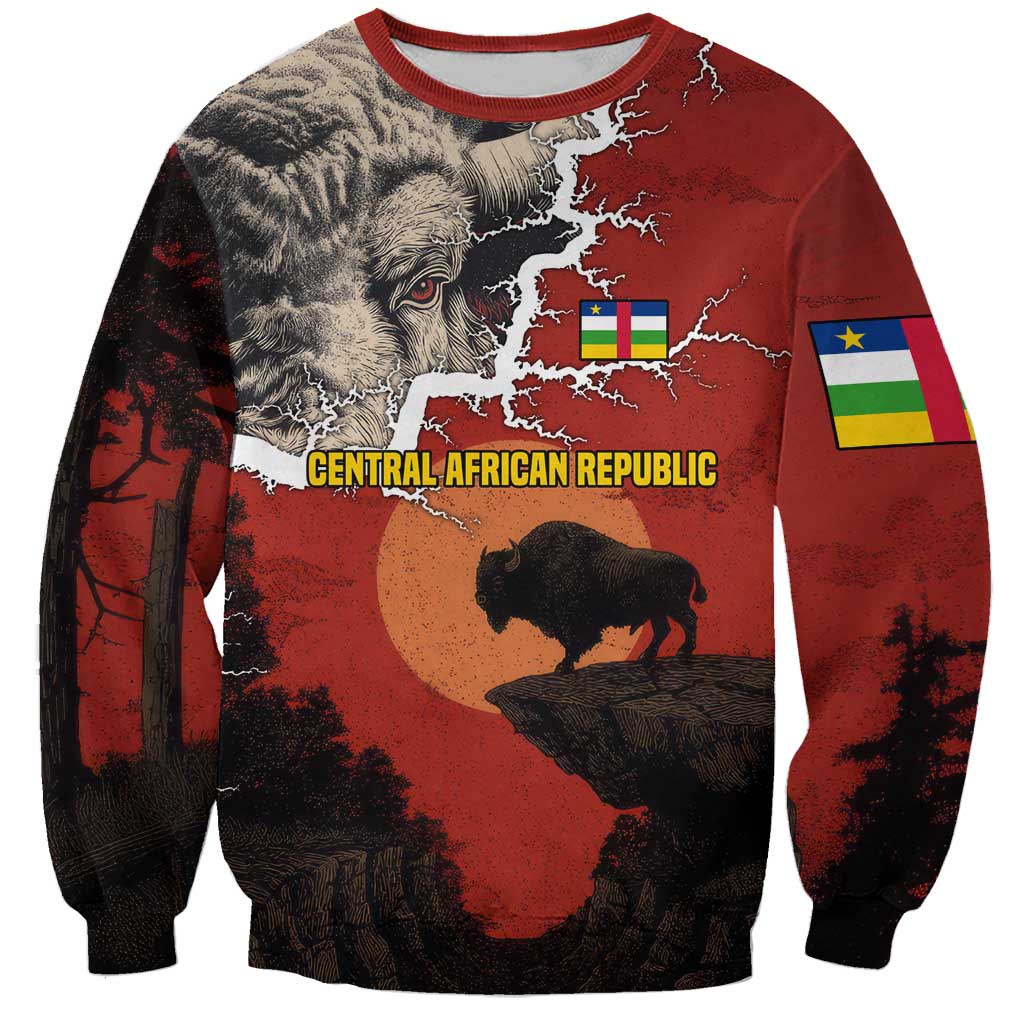 Central African Republic Sweatshirt with Red Black Nature Design and Buffalo Pattern - Wonder Print Shop