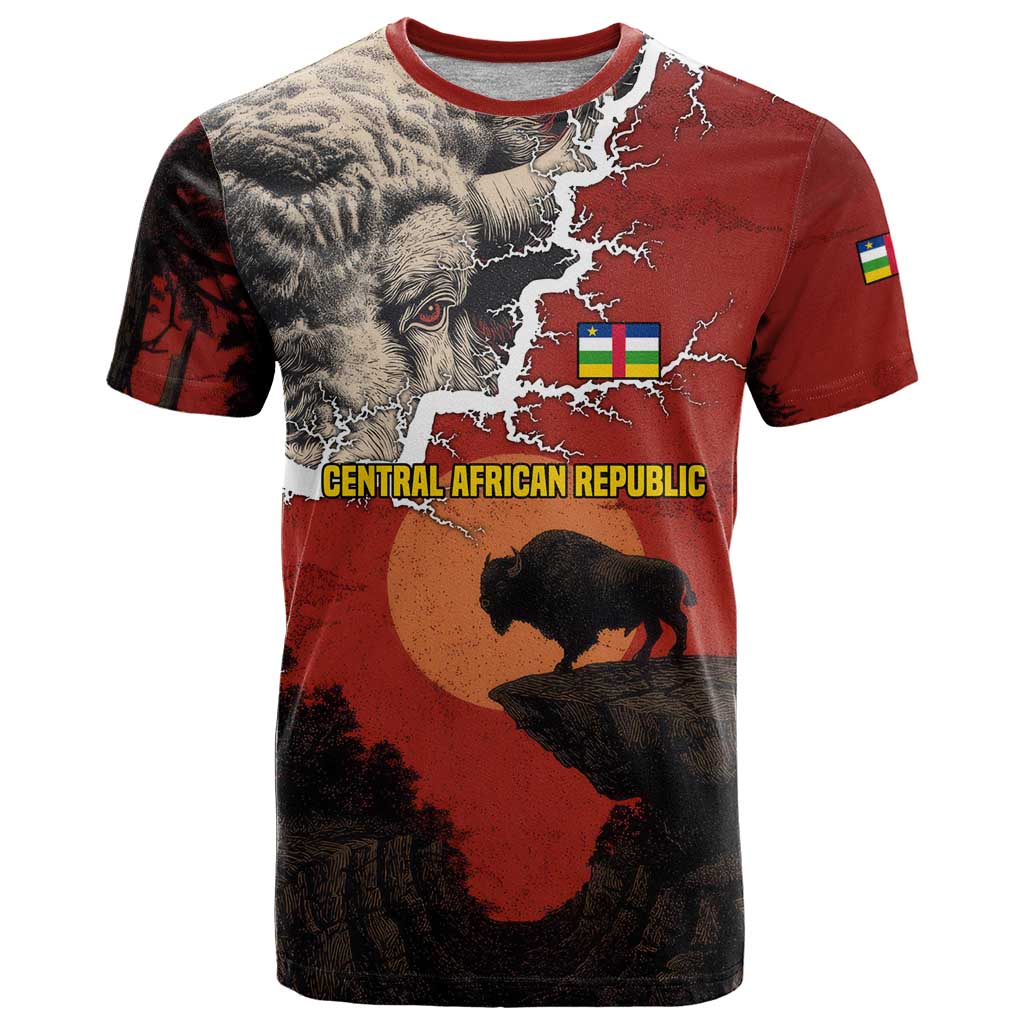 Central African Republic T Shirt with Red Black Nature Design and Buffalo Pattern - Wonder Print Shop