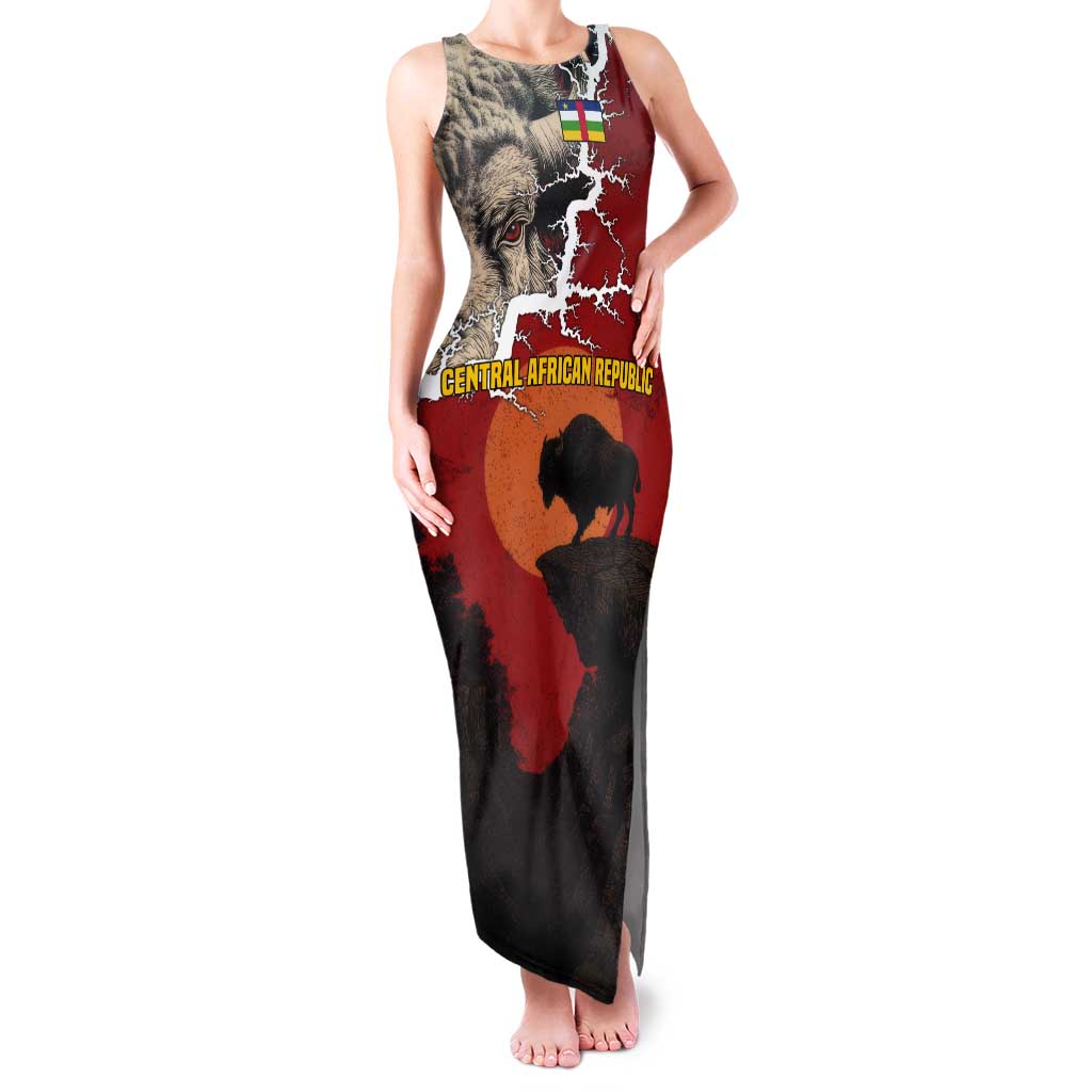 Central African Republic Tank Maxi Dress with Red Black Nature Design and Buffalo Pattern - Wonder Print Shop