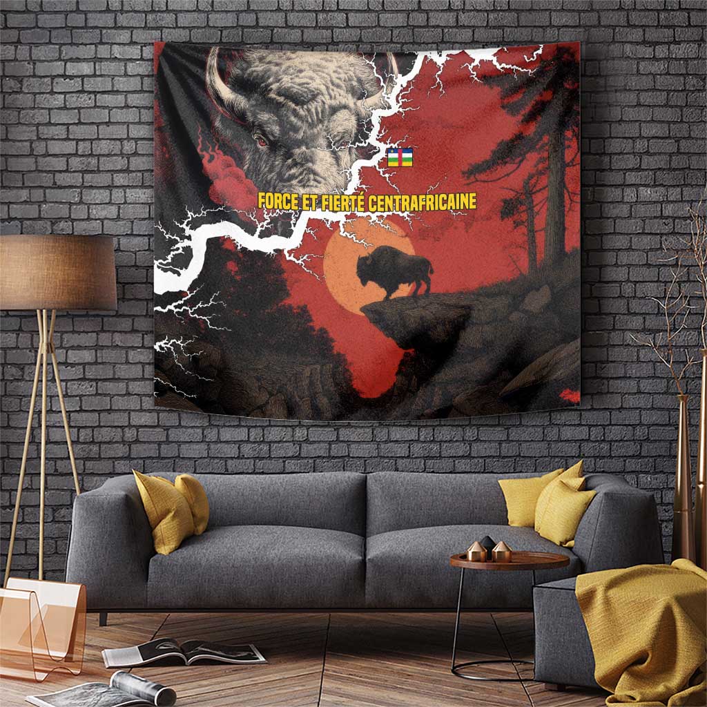 Central African Republic Tapestry with Red Black Nature Design and Buffalo Pattern - Wonder Print Shop