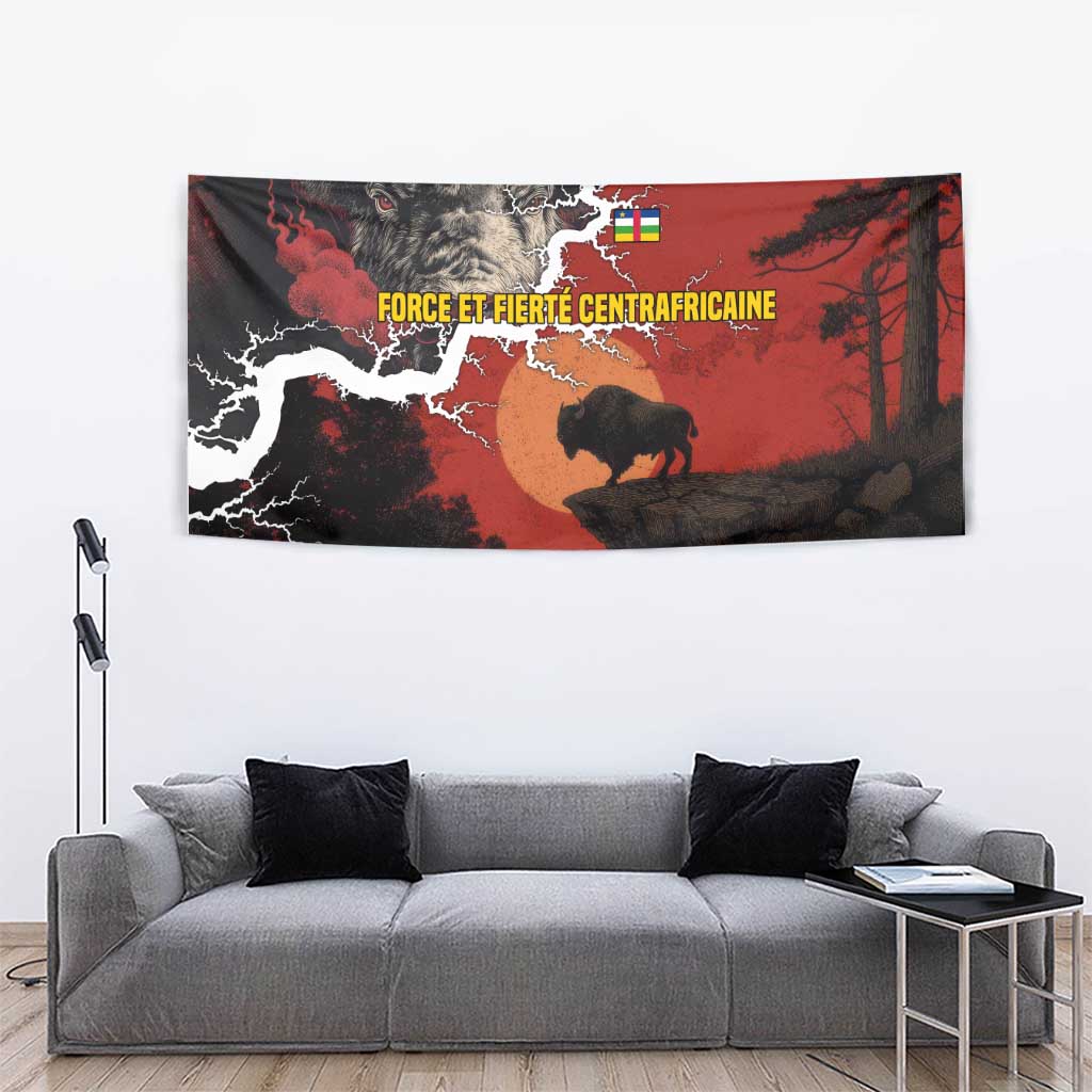 Central African Republic Tapestry with Red Black Nature Design and Buffalo Pattern - Wonder Print Shop