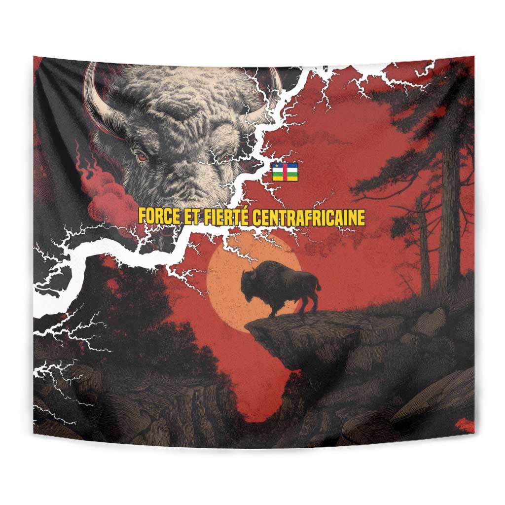 Central African Republic Tapestry with Red Black Nature Design and Buffalo Pattern - Wonder Print Shop