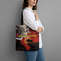 Central African Republic Tote Bag with Red Black Nature Design and Buffalo Pattern - Wonder Print Shop