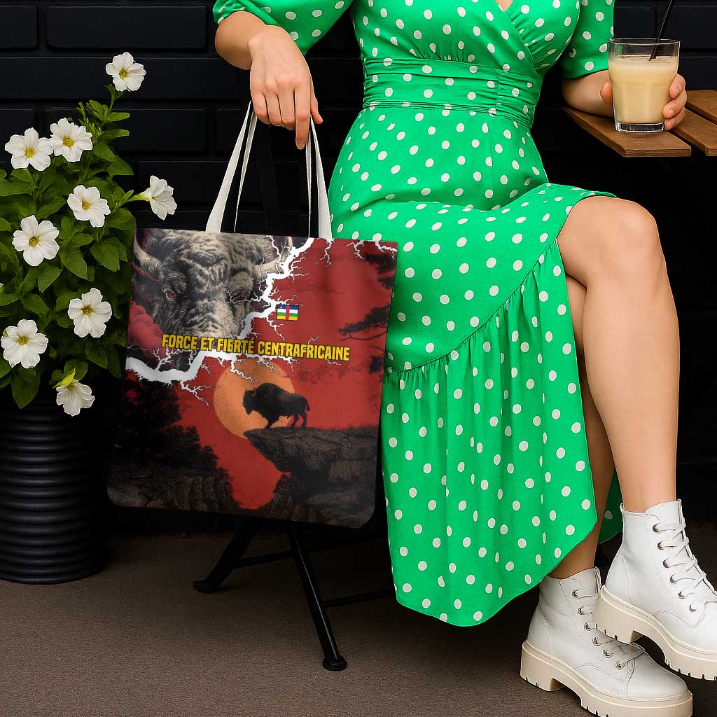 Central African Republic Tote Bag with Red Black Nature Design and Buffalo Pattern - Wonder Print Shop