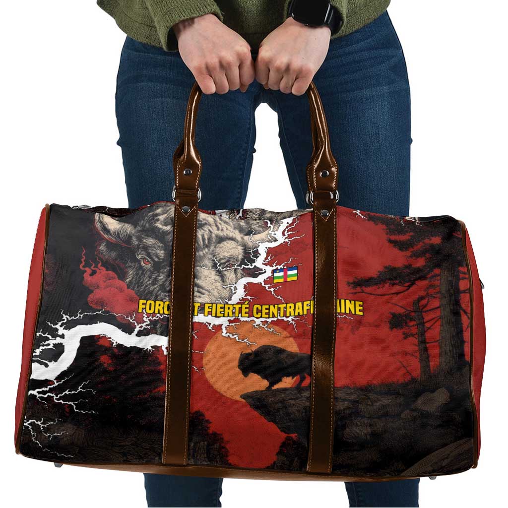 Central African Republic Travel Bag with Red Black Nature Design and Buffalo Pattern - Wonder Print Shop