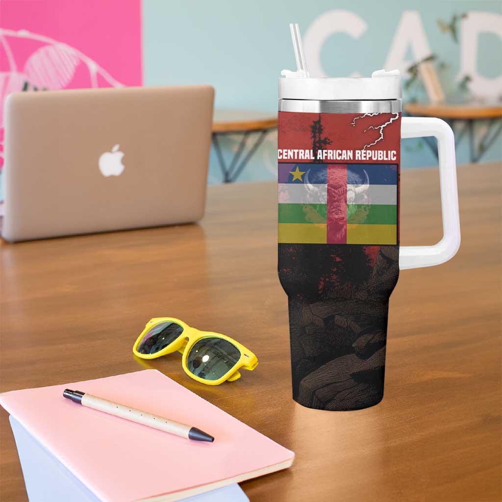 Central African Republic Tumbler With Handle with Red Black Nature Design and Buffalo Pattern - Wonder Print Shop