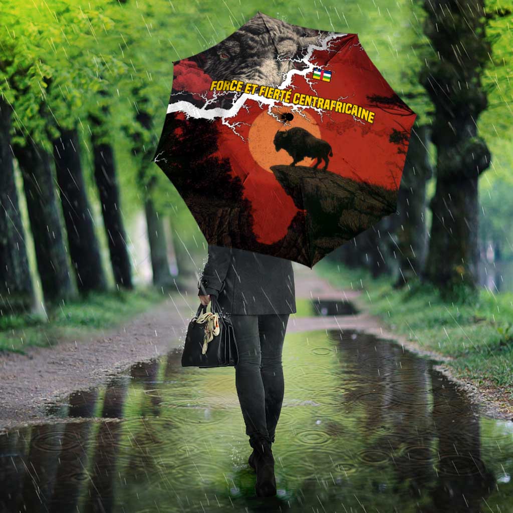 Central African Republic Umbrella with Red Black Nature Design and Buffalo Pattern - Wonder Print Shop