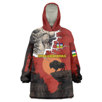 Central African Republic Wearable Blanket Hoodie with Red Black Nature Design and Buffalo Pattern - Wonder Print Shop