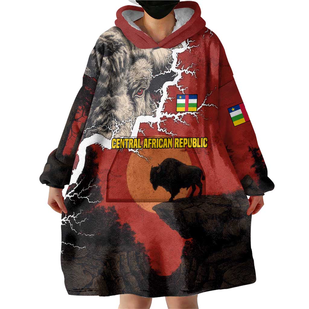 Central African Republic Wearable Blanket Hoodie with Red Black Nature Design and Buffalo Pattern - Wonder Print Shop