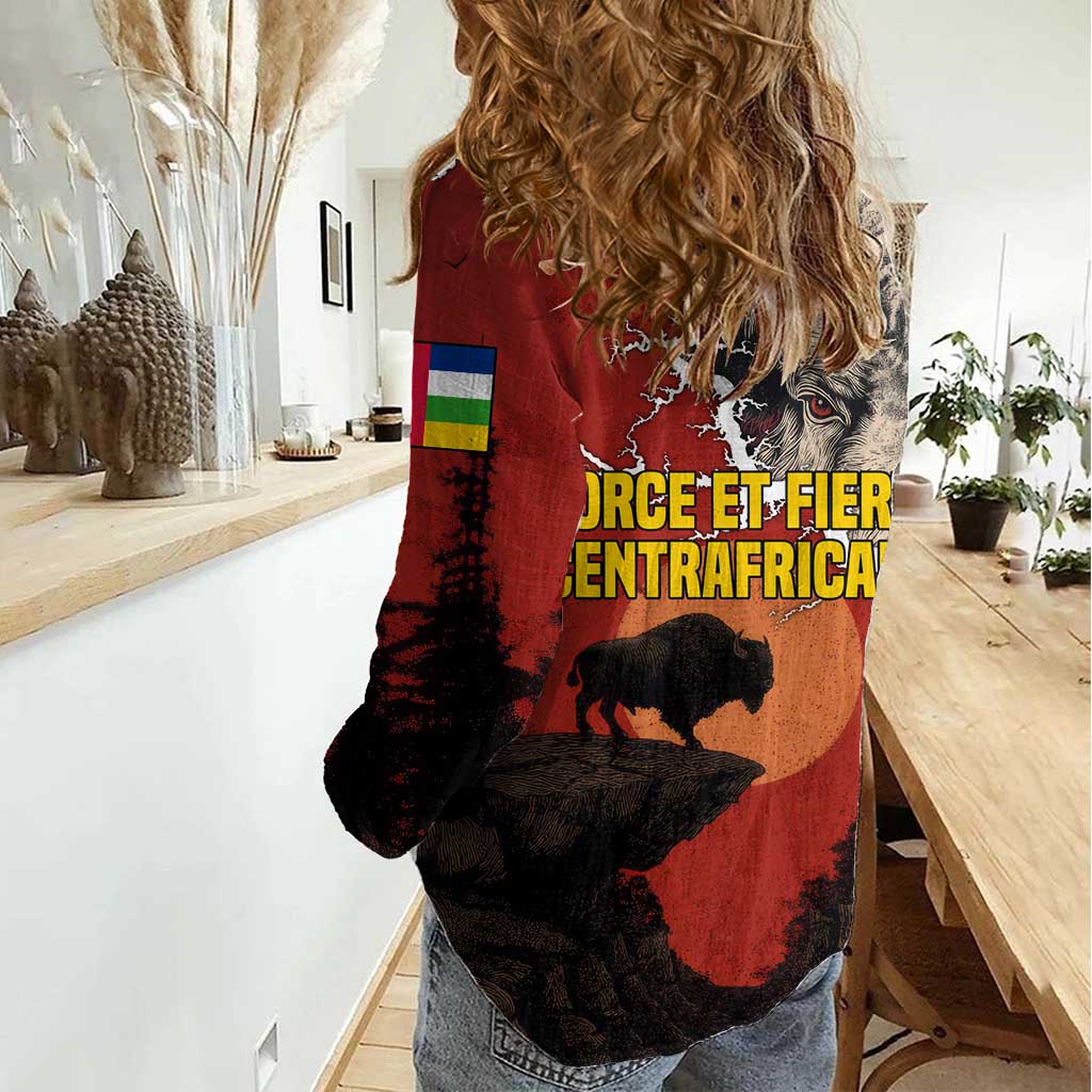 Central African Republic Women Casual Shirt with Red Black Nature Design and Buffalo Pattern - Wonder Print Shop