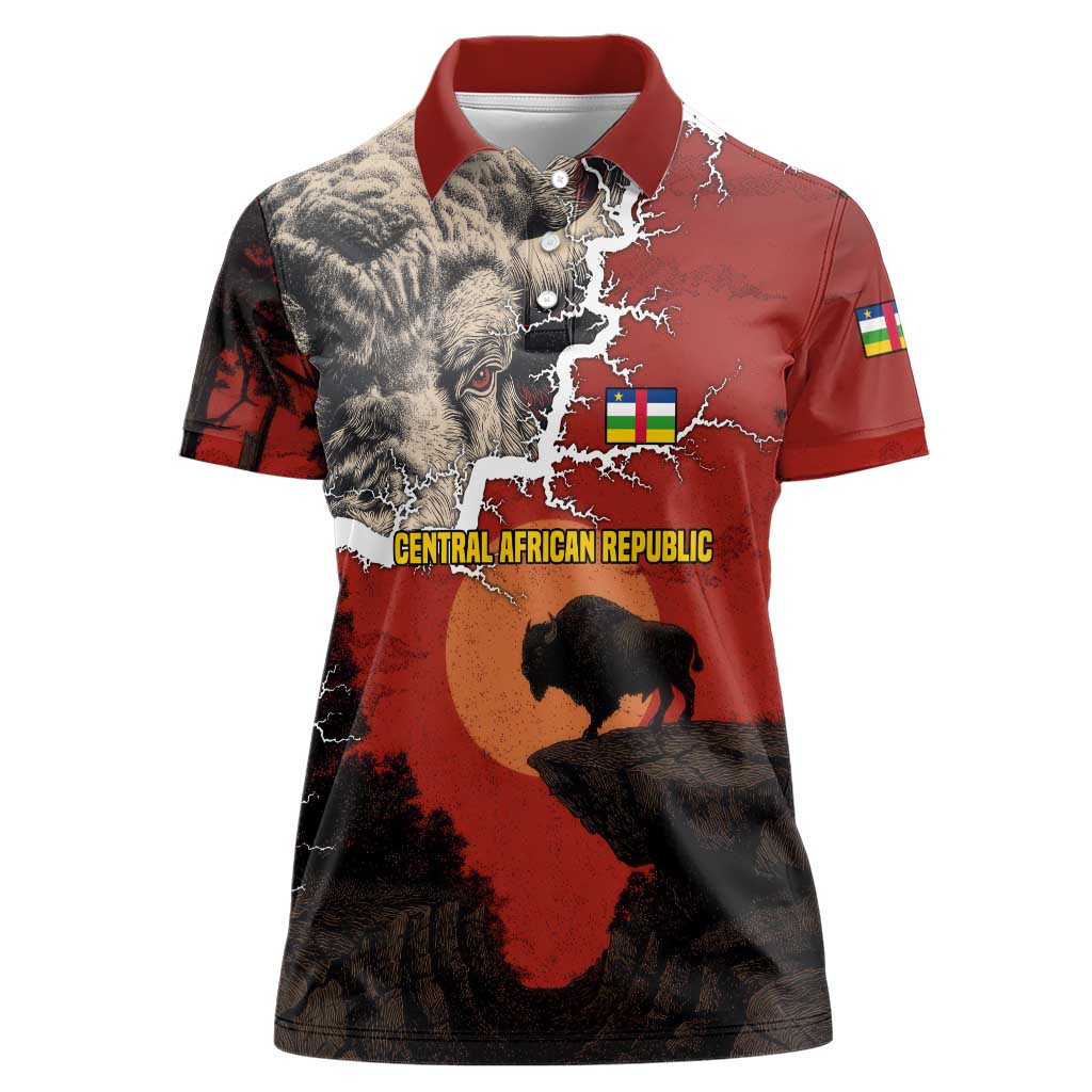 Central African Republic Women Polo Shirt with Red Black Nature Design and Buffalo Pattern - Wonder Print Shop