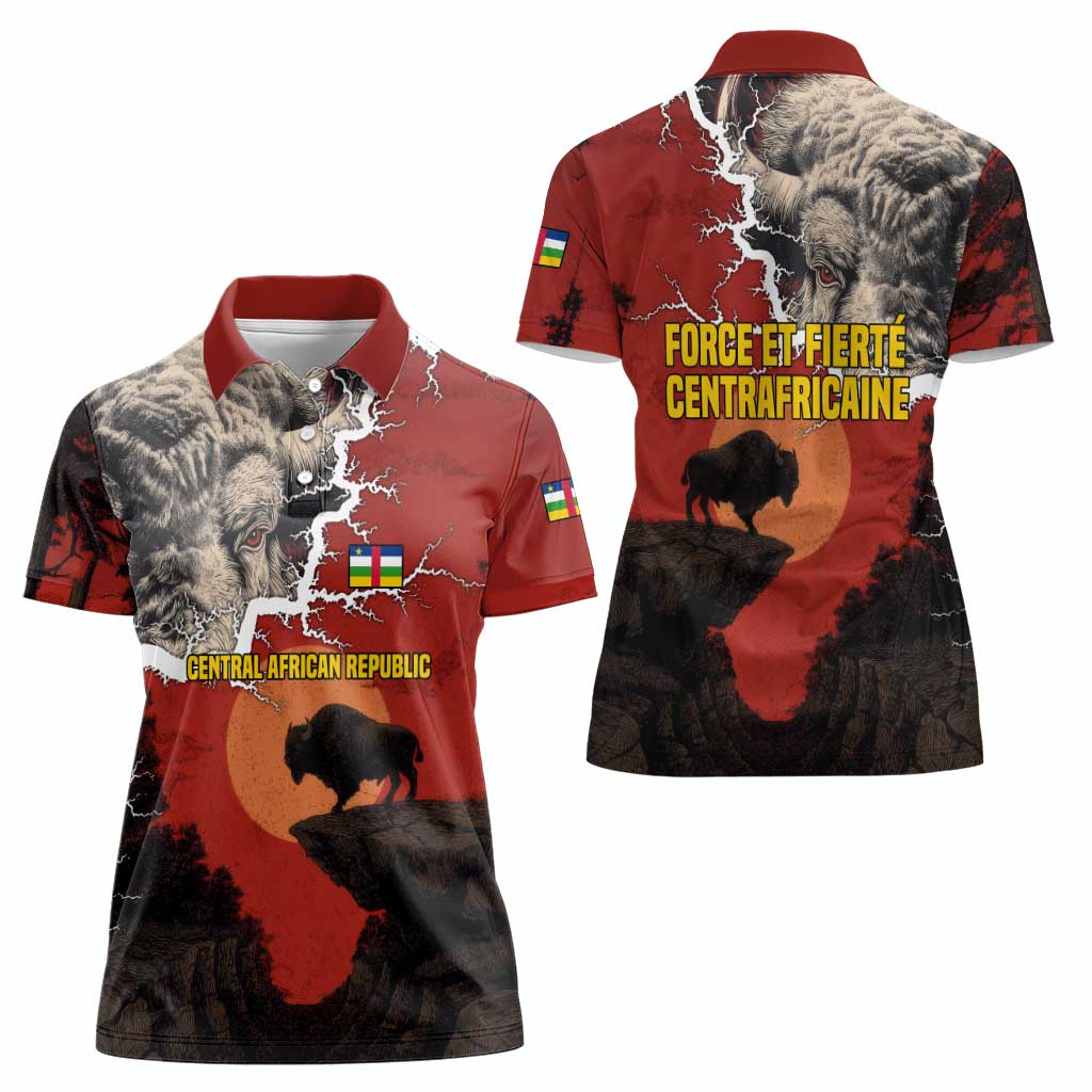 Central African Republic Women Polo Shirt with Red Black Nature Design and Buffalo Pattern - Wonder Print Shop