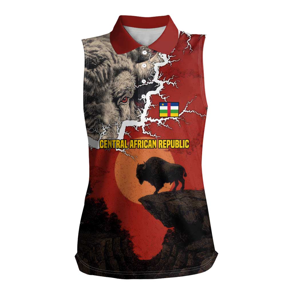 Central African Republic Women Sleeveless Polo Shirt with Red Black Nature Design and Buffalo Pattern - Wonder Print Shop
