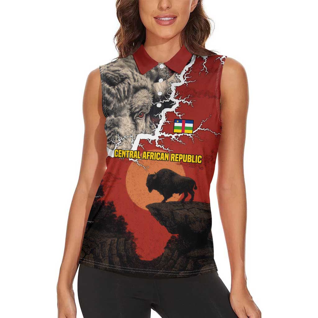 Central African Republic Women Sleeveless Polo Shirt with Red Black Nature Design and Buffalo Pattern - Wonder Print Shop