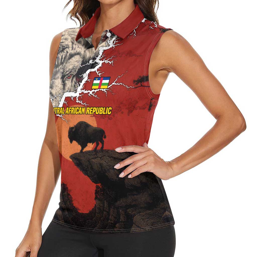 Central African Republic Women Sleeveless Polo Shirt with Red Black Nature Design and Buffalo Pattern - Wonder Print Shop