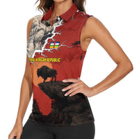 Central African Republic Women Sleeveless Polo Shirt with Red Black Nature Design and Buffalo Pattern - Wonder Print Shop