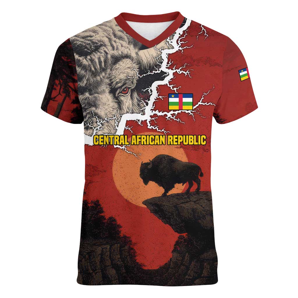 Central African Republic Women V-Neck T-Shirt with Red Black Nature Design and Buffalo Pattern - Wonder Print Shop