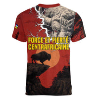 Central African Republic Women V-Neck T-Shirt with Red Black Nature Design and Buffalo Pattern - Wonder Print Shop
