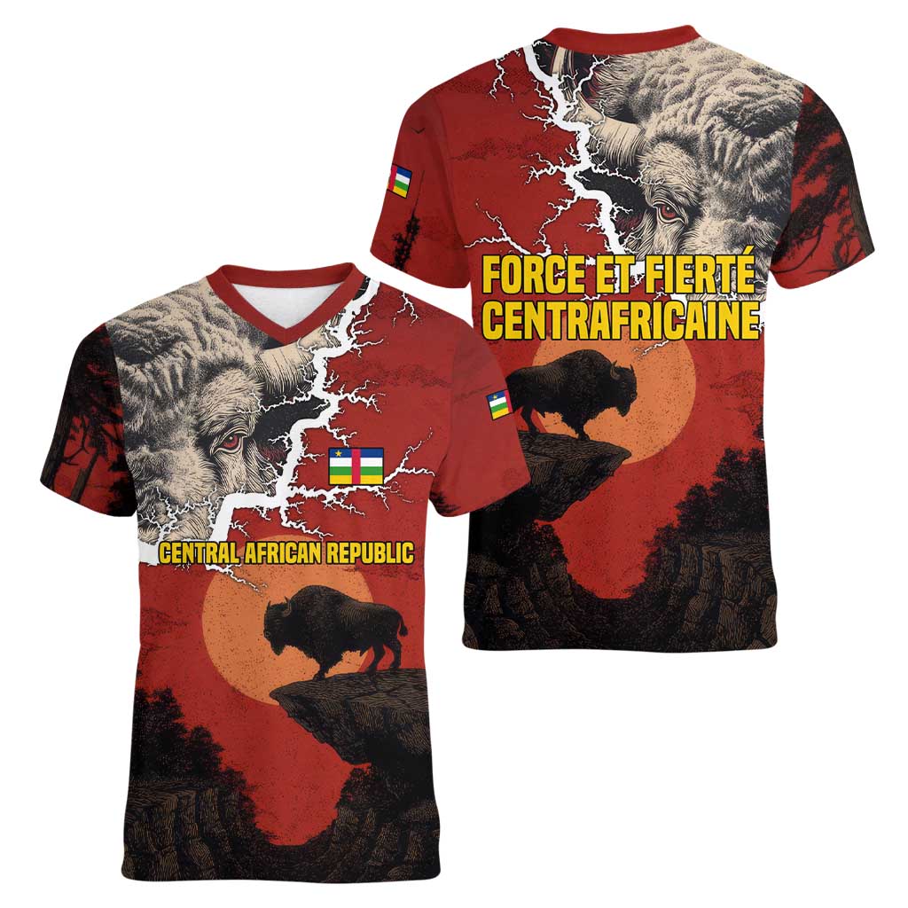 Central African Republic Women V-Neck T-Shirt with Red Black Nature Design and Buffalo Pattern - Wonder Print Shop