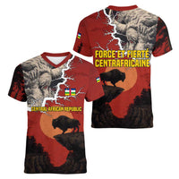 Central African Republic Women V-Neck T-Shirt with Red Black Nature Design and Buffalo Pattern - Wonder Print Shop