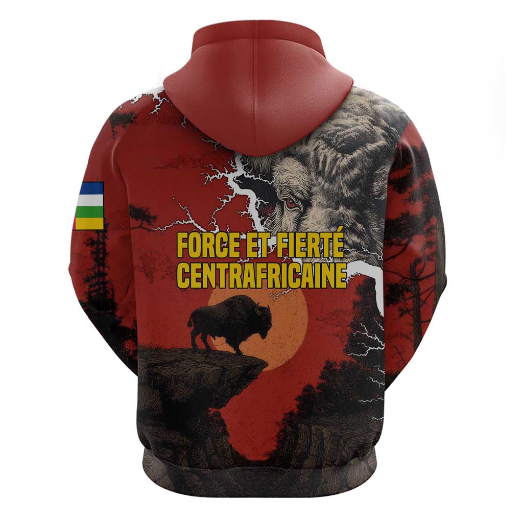 Central African Republic Zip Hoodie with Red Black Nature Design and Buffalo Pattern - Wonder Print Shop