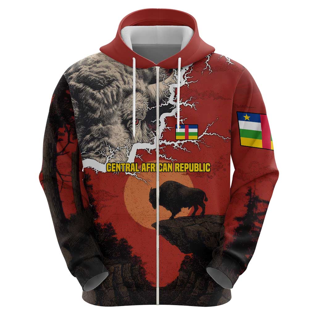 Central African Republic Zip Hoodie with Red Black Nature Design and Buffalo Pattern - Wonder Print Shop