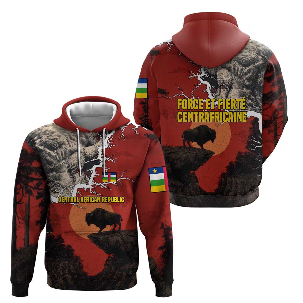Central African Republic Zip Hoodie with Red Black Nature Design and Buffalo Pattern - Wonder Print Shop