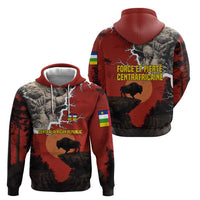 Central African Republic Zip Hoodie with Red Black Nature Design and Buffalo Pattern - Wonder Print Shop