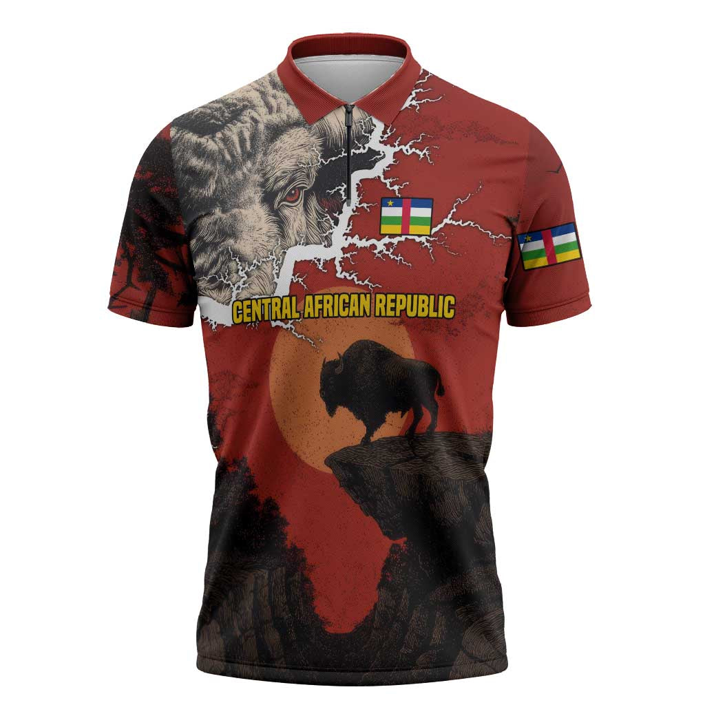 Central African Republic Zipper Polo Shirt with Red Black Nature Design and Buffalo Pattern - Wonder Print Shop