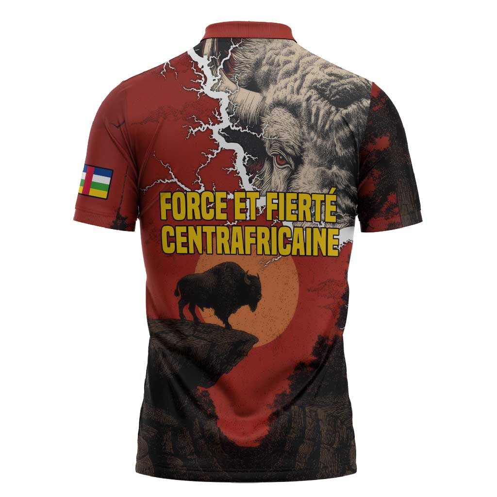 Central African Republic Zipper Polo Shirt with Red Black Nature Design and Buffalo Pattern - Wonder Print Shop