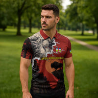 Central African Republic Zipper Polo Shirt with Red Black Nature Design and Buffalo Pattern - Wonder Print Shop