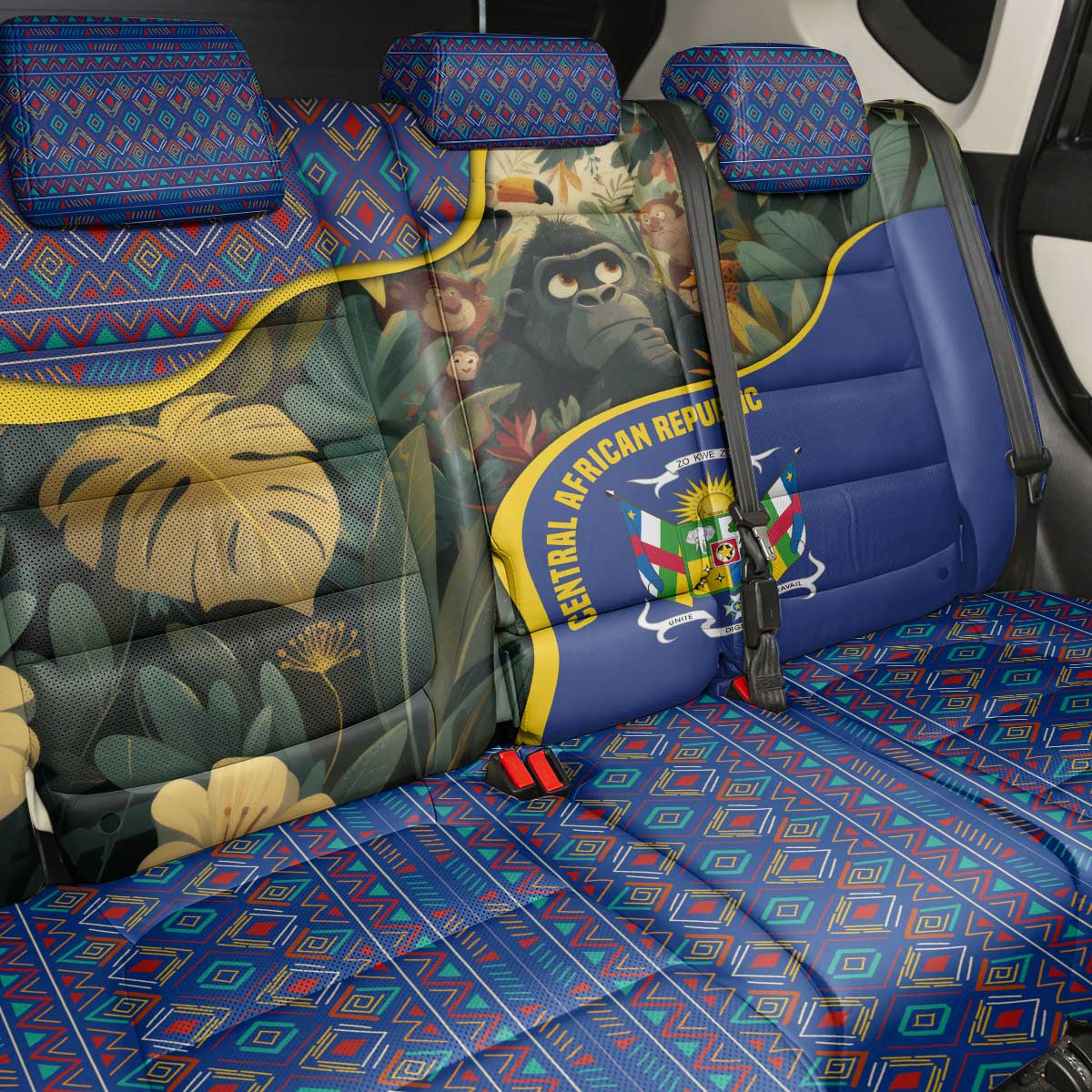 Central African Republic Back Car Seat Cover with Jungle Animal Design and National Emblem Pattern - Wonder Print Shop
