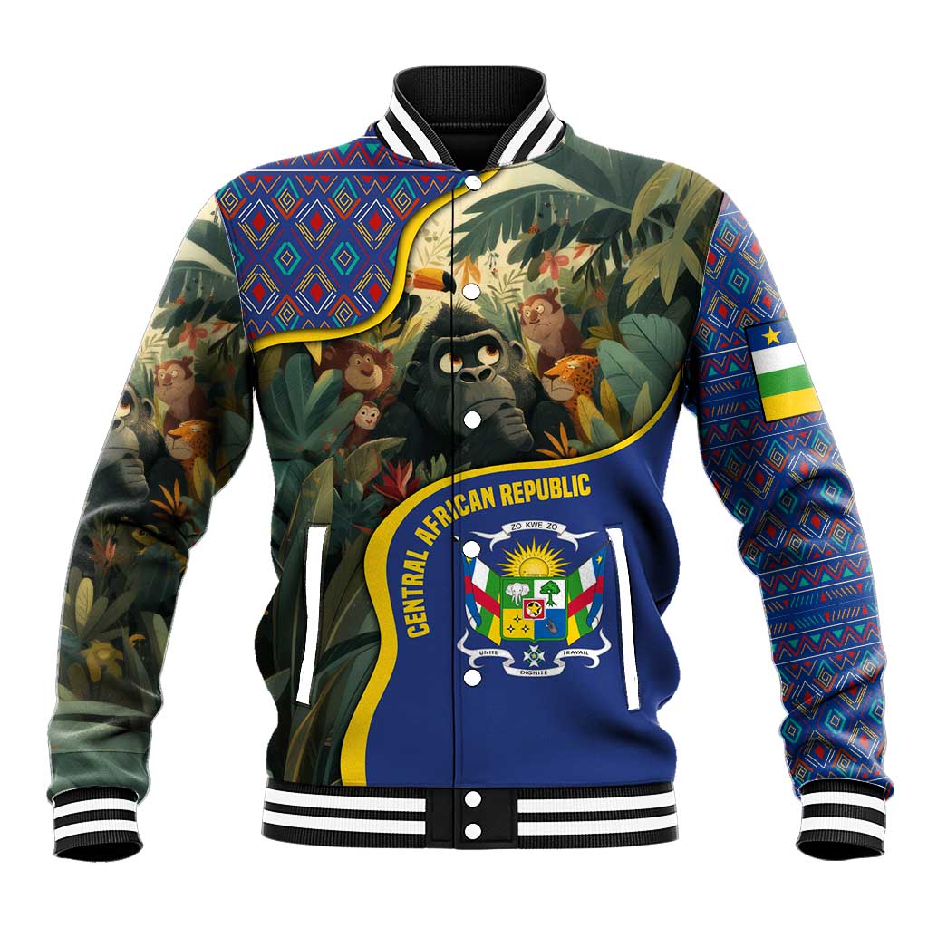 Central African Republic Baseball Jacket with Jungle Animal Design and National Emblem Pattern - Wonder Print Shop