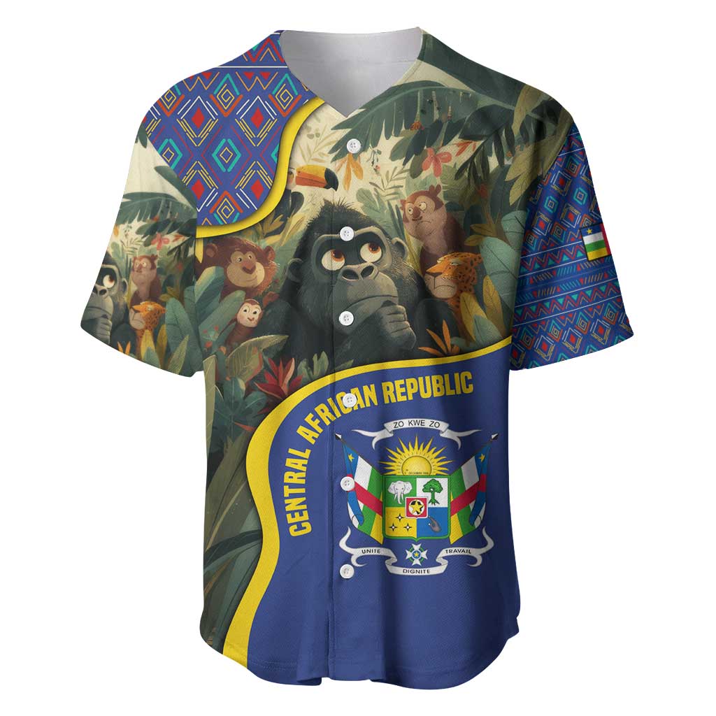 Central African Republic Baseball Jersey with Jungle Animal Design and National Emblem Pattern - Wonder Print Shop