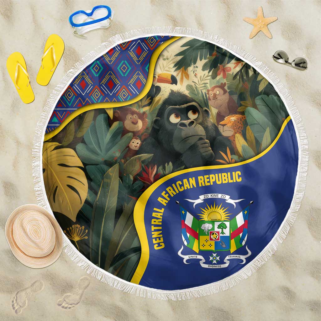 Central African Republic Beach Blanket with Jungle Animal Design and National Emblem Pattern - Wonder Print Shop