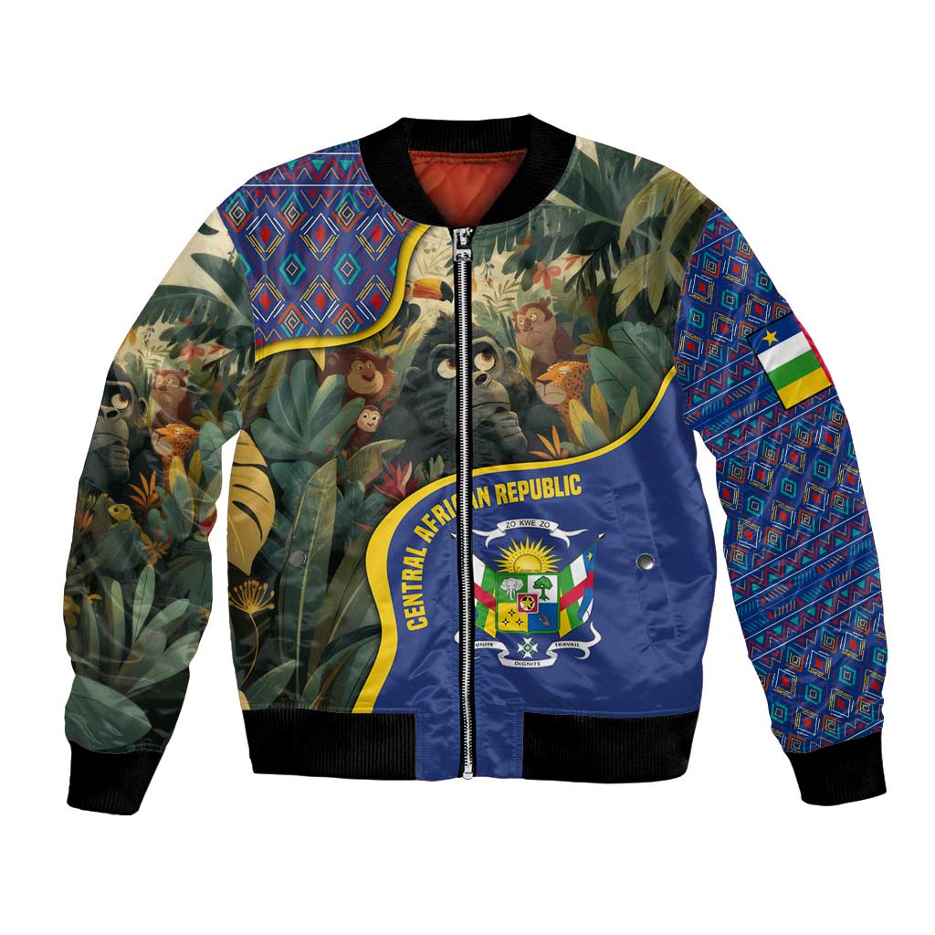 Central African Republic Bomber Jacket with Jungle Animal Design and National Emblem Pattern - Wonder Print Shop
