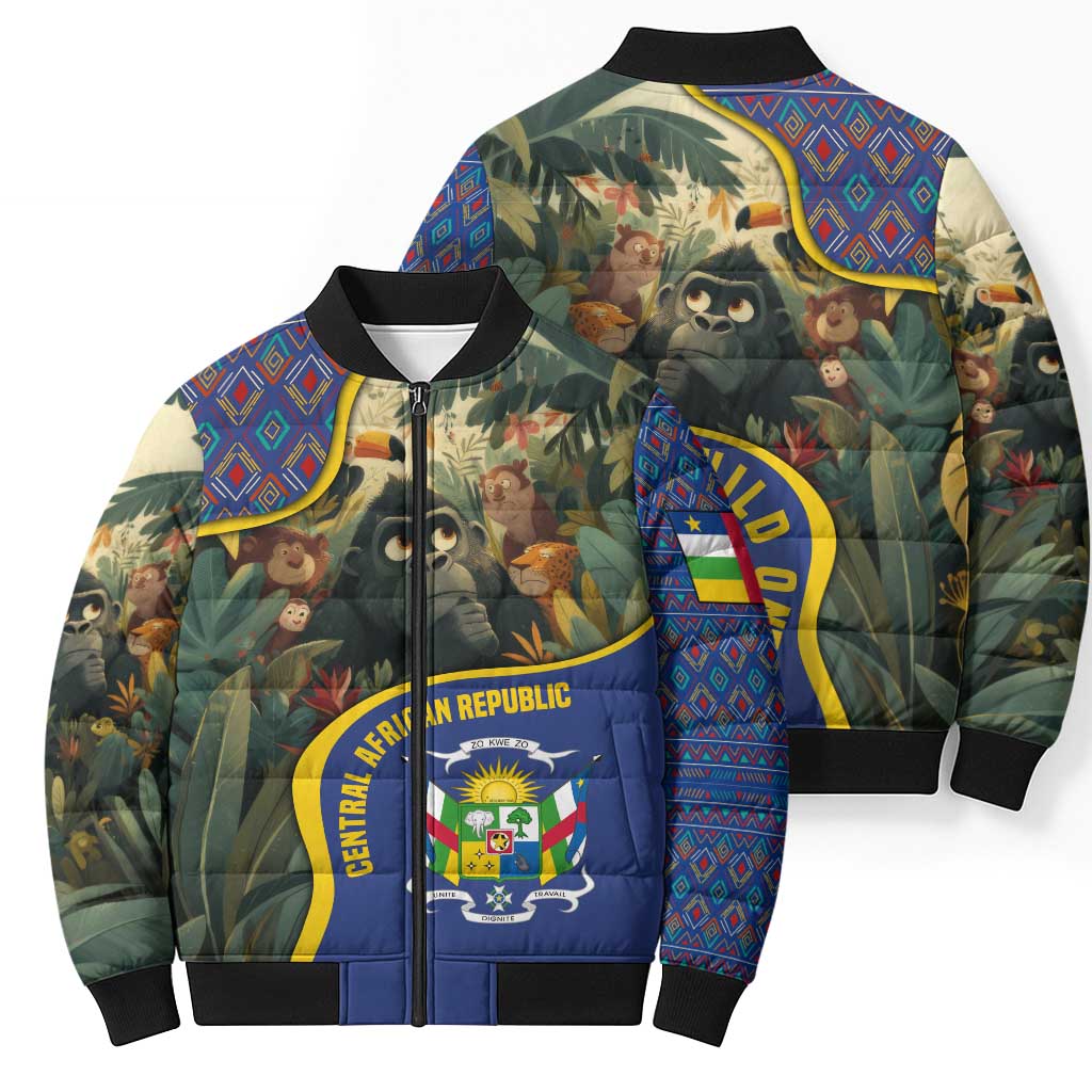Central African Republic Bomber Puffer Jacket with Jungle Animal Design and National Emblem Pattern - Wonder Print Shop