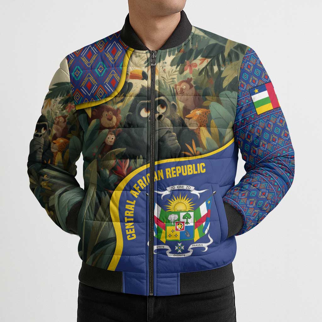 Central African Republic Bomber Puffer Jacket with Jungle Animal Design and National Emblem Pattern - Wonder Print Shop