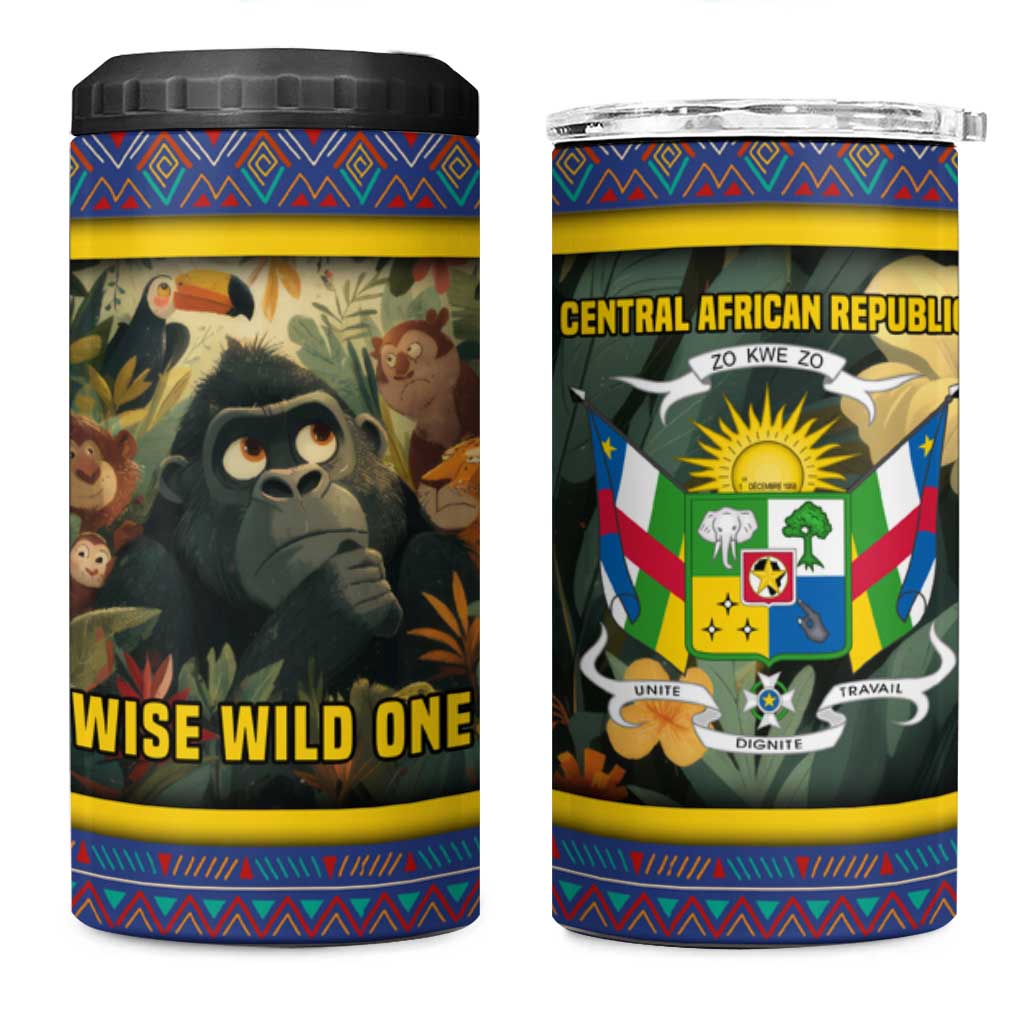 Central African Republic 4 in 1 Can Cooler Tumbler with Jungle Animal Design and National Emblem Pattern - Wonder Print Shop